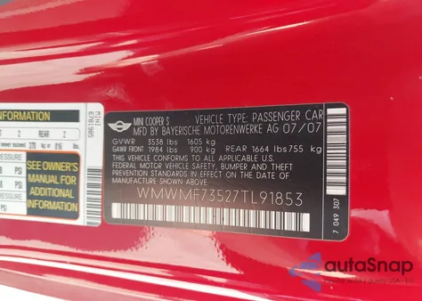 2007 Mini Cooper S z USA, uszkodzony, nr VIN WMWMF73527TL91853